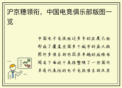 沪京穗领衔，中国电竞俱乐部版图一览